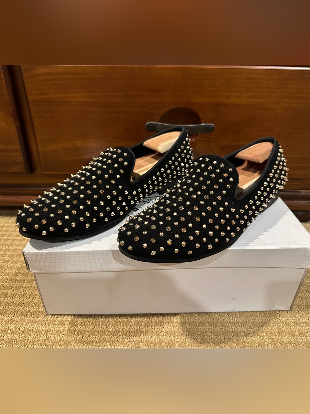 Steve Madden Black Suede Studded Slip-On Loafers with Gold Accents 11M